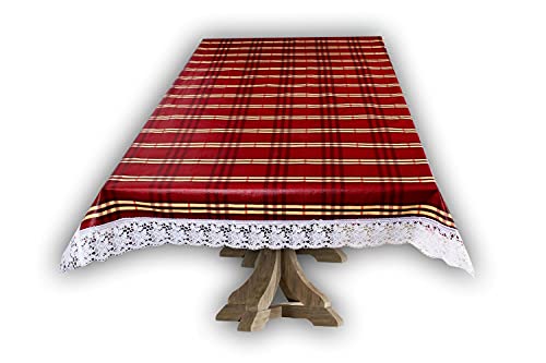 Image of The Furnishing Tree Waterproof PVC Rectangle Shaped 12 Seater Table Cover WxL 60x140 inches Plaid Pattern Red with White Border lace