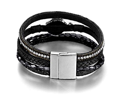 Fesciory Leopard Bracelet For Women, Boho Leather Wrap Multi-Layer Pearl Crystal Bracelet Bangle Jewelry(Black Stone(Short)) #TOP2