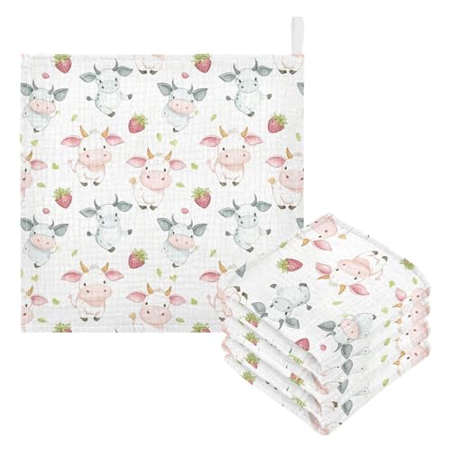 Image of vvfelixl Cow Pink Cartoon Strawberry Baby Burp Cloths Baby Muslin Washcloths for Boys Girls Cotton Babys Face Towel for Newborn Infants Soft and Absorbent 11.8 X 11.8 in, 5 Pack