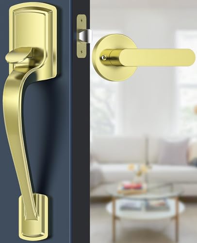 Image of Gold Front Door Handle No Lock, Heavy Duty Front Door Lock Set | Brass Exterior Door Handle No Lock for Every Deadbolt, Zinc Exterior Door Lock, Entry Handleset, Easy Install, Universal
