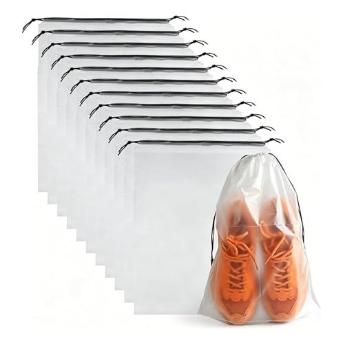 MOMENT 12Pcs Clear Shoe Bag for Travel 40x30cm Large Waterproof Shoe Organizer Storage Packing Bags Covers with Drawstring for Men and Women Travel Gym and Sports Transparent