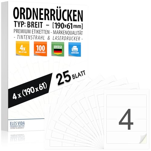 100 Stück Ordnerrückenschild selbstklebend 190 x 61 mm, beschreibbar – Ordnerrücken-Aufkleber für breite Ordner als, weiß, für Ringhefter und Ringbücher, Rückenetiketten für Tinte- & Laserdrucker
