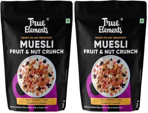 Image of True Elements Fruit & Nut Crunch Muesli 700g | Fruit and Nuts | Cereals for Breakfast | Rich in Fibre | Muesli with Oats and Nuts (Pack of 2)