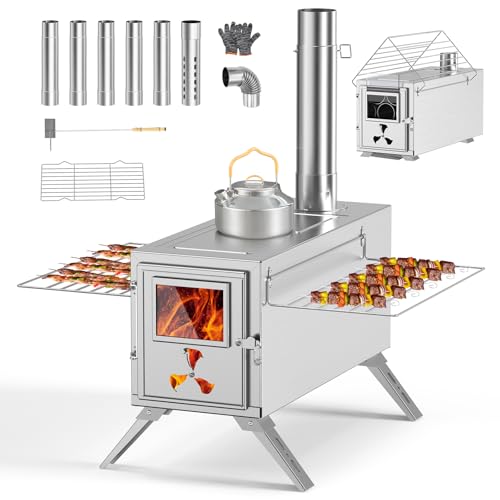 MOPHOTO Camping-Holzofen, heißer Zeltofen mit 7 rostfreien Kaminrohren und Funkenschutz, kleiner Camping-Holzofen zum Heizen im Freien, Kochen, Eisfischen, Jagen (38x20x22cm)