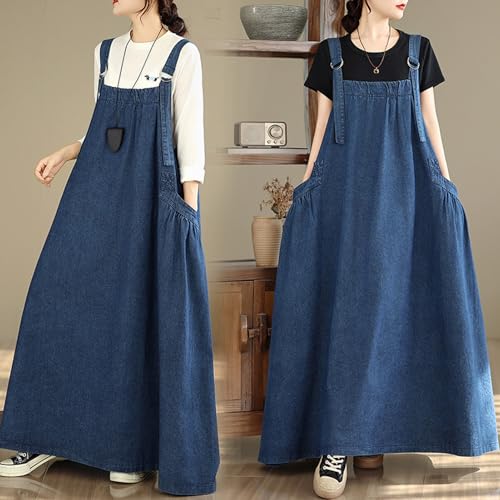 Image of Women's Casual Loose Denim Dress Sleeveless Adjustable Straps Denim Jumper Dress with Pockets