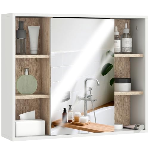 HOMCOM Mobile Bagno con Specchio, 3 Ripiani Laterali e Ripiano Regolabile Interno, Specchio Bagno Contenitore in Legno, 60x14.5x49.4 cm, Bianco e Color Legno