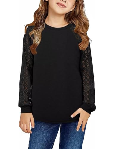 Image of Yoklass Girls Long Sleeve Shirts Kids Lace Casual Cute Crew Neck Top Sizes 5-14 Years
