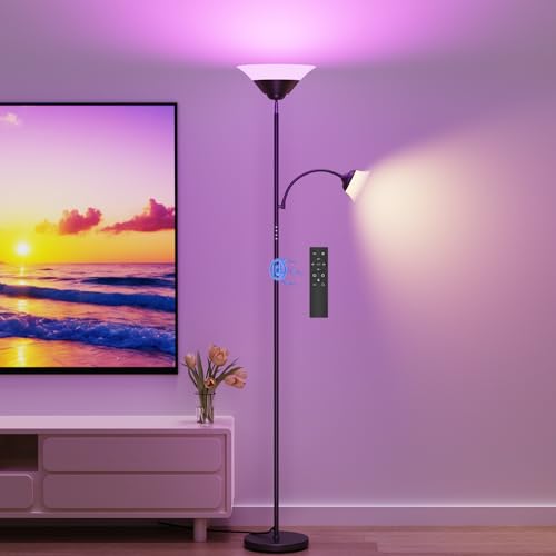 Image of SIBRILLE RGB Torchiere Floor Lamp, 2-in-1 Dimmable Standing Lamp with Remote & Button Control, 34W 360 Rotatable LED Reading Lamp, 72 inch Modern Tall Corner Lamp for Bedroom, Living Room, Office, Black