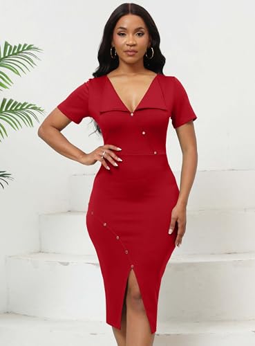Image of Fooullaide Women's Sexy Bodycon Mid Dress Stretch Short Sleeve V Neck Cocktail Party Dresses