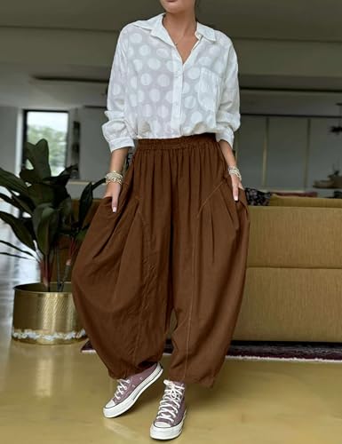 Himosyber Corduroy Pants for Women Casual Elastic Waist Lantern Slacks Loose Fit Baggy Trousers with Pockets2
