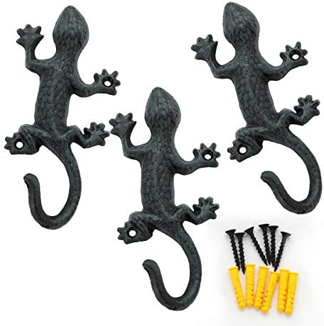 ChasBete Gecko Coat Hooks for Wall, Rustic Cast Iron Key Holder Wall Mounted Hooks, Heavy Duty Door Hook for Decor, Set of 3