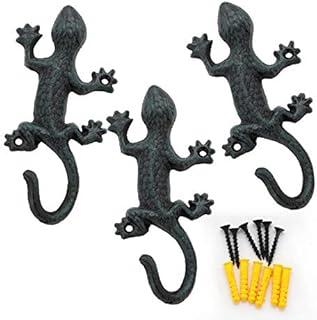ChasBete Gecko Coat Hooks for Wall, Rustic Cast Iron Key Holder Wall Mounted Hooks, Heavy Duty Door Hook for Decor, Set of 3