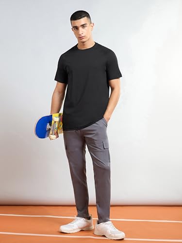Image of TECHNOSPORT Men's Solid T-Shirt COTFLEX Quick Dry Slim Fit Round Neck Sports Tee for Gym Running Casual Wear UPF50+ Anti Odour