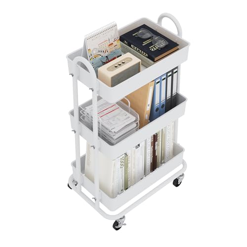 Image of Boeeoan 3-Tier Utility Cart with Wheels, Rolling Cart, Storage Shelves, Multi-Functional Organizer Cart for Bathroom, Office, Kitchen, White