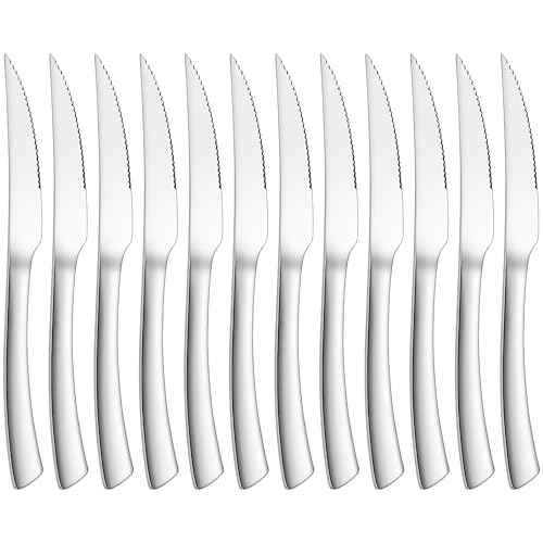 Joyfair Juego de 12 cuchillos de carne de acero inoxidable con filo ondulado, 23 cm, cuchillo de mesa para casa/restaurante/hotel, pulido brillante y apto para lavavajillas