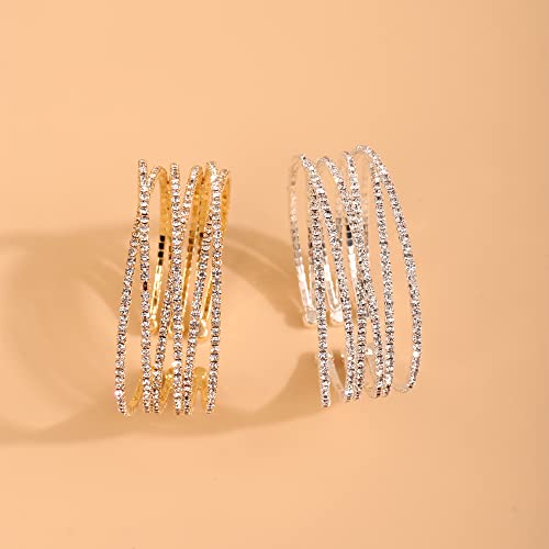 Yertter Multi Row Layered Crystal Glitter Bracelets Cuff Bracelet Stretch Tennis Chain Rhinestone Adjustable Band Cuff Elastic Bangle 1920S Bridal Body Jewelry Accessories For Women And Girls Wedding (Cuff-3 Row Cross Gold) #TOP6