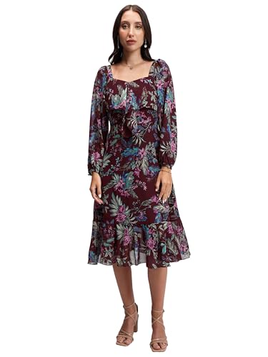 Image of Tokyo Talkies Women's Elegant Floral A-Line Dress | Long Puff Sleeves & Ruffle Hem for a Feminine Touch | Bow tie up
