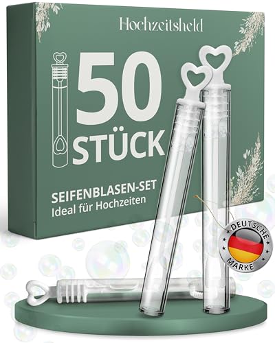 HOCHZEITSHELD Seifenblasen Hochzeit 50 Stück - Perfekt als Hochzeitsdeko oder Gastgeschenke - Befüllte kleine Hochzeitsseifenblasen zur Tischdeko - Wedding Decoration mittels Seifenblasen-Herz-Griff