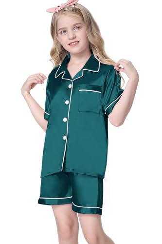 Image of Umeyda Women & Girls Pajamas Set, 2 Piece PJS Satin Silk Sleepwear Button-Down Top with Shorts for Mom Kids Gifts
