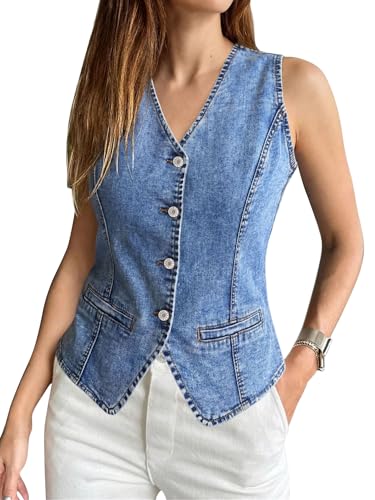 SANMM - SANMM Denim Vest for Women - Sleeveless Stretchy Western Button Down Jean Vest, V Neck, Snowblue, Large - Best Deal on Amazon
