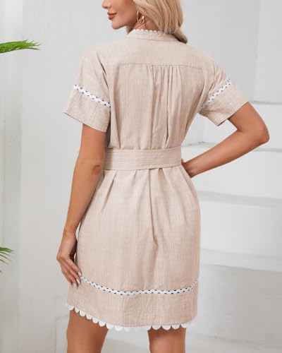 Image of Women's Summer Shirt Dress Short Sleeve Button Down Mini Tie Waist Belted Tunic with Pockets RIC Rac Trim