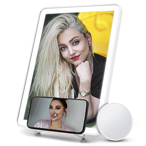 FASCINATE Portable LED Makeup Mirror with Phone Holder and 10X Magnifying, Cordless Lighted Vanity Mirror 3 Color Light, Dual Supply Hanging Mirror, Touch Light up Desk Mirror White