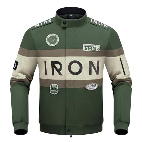 RIDEIRON Giacca Moto Uomo con Protezioni CE – Giacca da Motociclista 4 Stagioni con Fodera Termica Rimovibile, Tessuto Traspirante, Design con Ricami e Stampe, Touring Biker Jacket Verde L