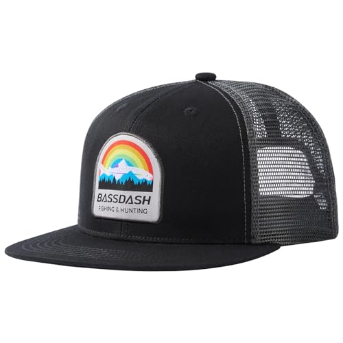 Image of BASSDASH Flat Brim Trucker Cap Adjustable Snapback Hat Mesh Back for Men Women