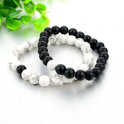 Image of Fashion Frill Stylish Couple Bracelets Black & White Red Natural Stone Onyx Stretchable Wrist Band Heart Magnetic Bracelet For Women Men Boys Girls Love Gifts Friendship Promise Bracelets