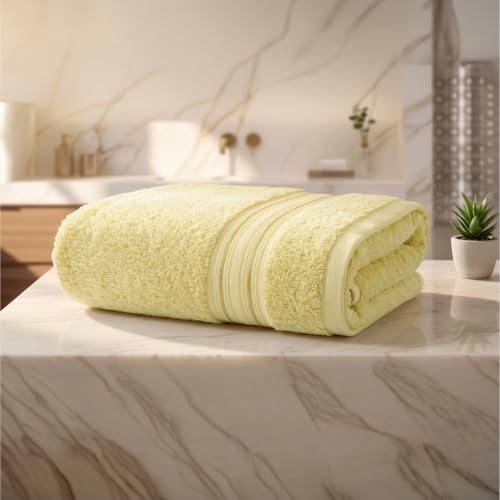 Image of LANE LINEN 575 GSM 100% Cotton Large Size Bath Towel - Elfin Yellow | Zero-Twist Weave, Extra-Large 75x150cm, Quick Dry & Absorbent, Suits Bath, Gym & Travel