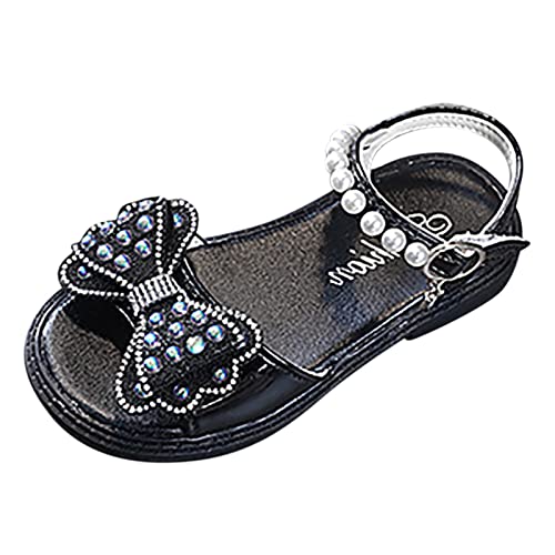 Girls Summer Princess Shiny Pearl Bow Knot Shoes for Kids Children Slide Sandal (Black, 18-24 Months)