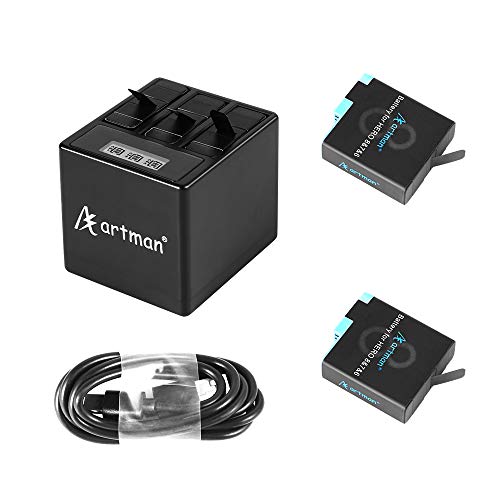 Artman Hero 8/7/6 1500mAh Replacement Batteries(2-Pack) and 3-Channel LCD USB Storage Charger Compatible