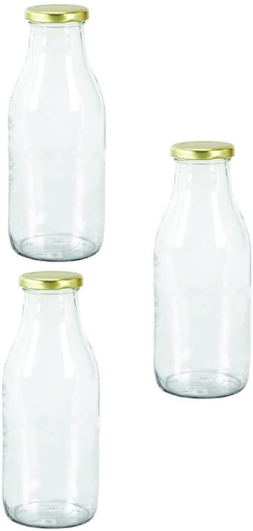 1st Time Multipurpose Kitchen Storage Glass Milk Bottle With Lid, Clear, Pack Of 3, 500 Ml, 6.5 X 6.5 X 20.5 Cm