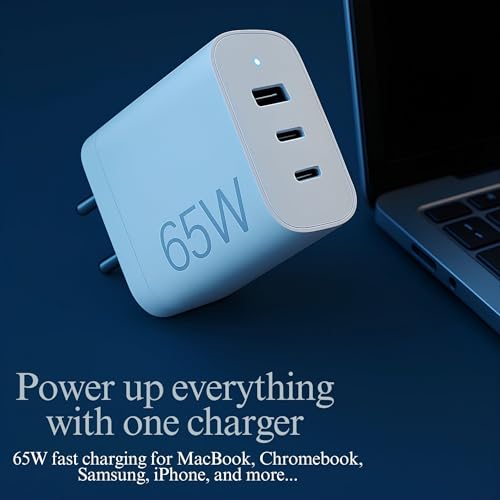Image of 65W Fast 3 Port Charger Adapter Compatible with Samsung S25 /S24 /S23 /ultra /plus, Nothing Phone 3a Pro /3a /2 /2a, Hp /Dell /Infinix /Realme /Lenovo /Galaxy Laptop, MacBook Pro /Tablet, 1-Year Warranty, White