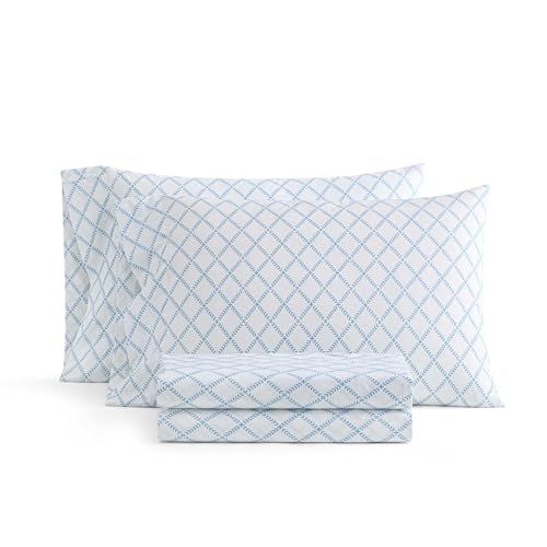 Image of Martha Stewart - Queen Size Sheet Set, Crisp & Tailored Sheets with a Smooth Cotton Percale Feel - Striped Bed Sheets with Matching Pillowcases & Fitted Sheet (Leaf Trellis Blue)