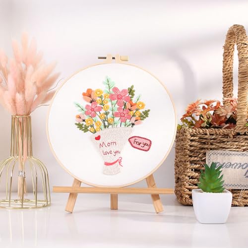 Image of FONNUY Bouquet Flowers Embroidery Kit Love Mom for Beginners, Pre-Stamped Pattern Kits for Adults with Hoop, Easy to Follow Color Thread Needlework, 8'' Hoop (Wildflowers)
