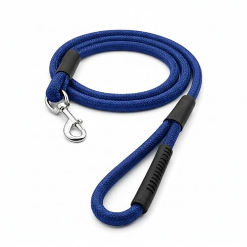 Image of Dog Leash for Large Dogs & Medium Dogs 5 Feet - Heavy Duty Nylon Rope 15mm Thick Leash with Anti Slip Rubber Handle - Tangle Free & Swivel Metal Clip (Blue)
