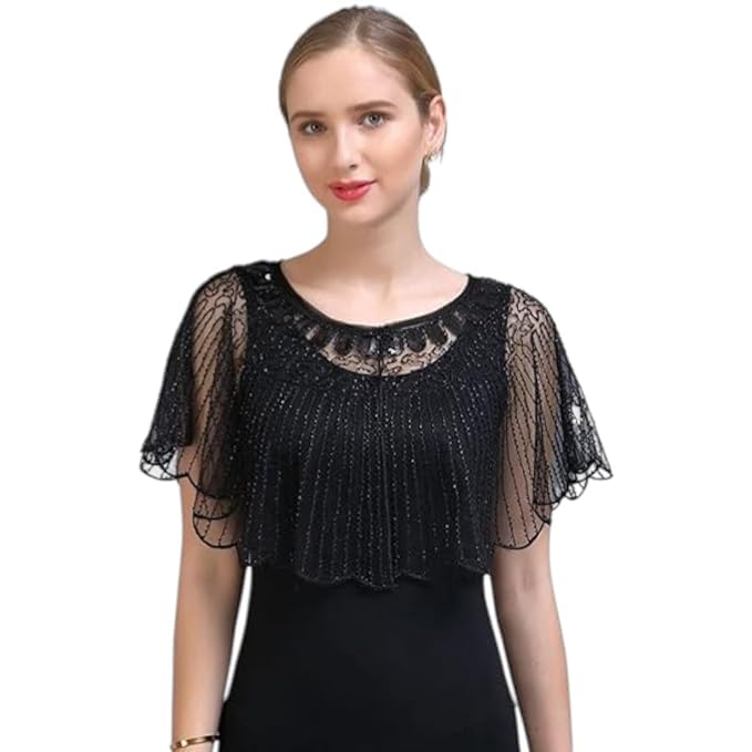 zarinivas Women’s Black Sequin Capelet Poncho Shrug | Designer Net Overlay for Gowns, Sarees & Evening Dresses-picture-13