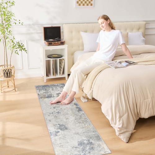 2X6 Washable Runner Rug for Hallway: Soft Neutral Modern Abstract Area Rug - Non-Slip Low Pile Long Throw Indoor Carpet for Kitchen Entryway Kitchen Bedroom Laundry Bathroom- Blue Grey