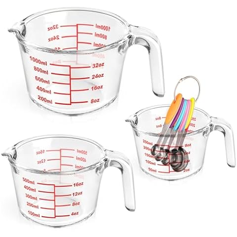 3 Glass Measuring Cups Set 1000,500,250 ml (4-Cups, 2-Cups and 1 Cup) + 5 Measuring Spoons, Safe for Microwave, Freezer, BPA Free Premium Heat Resistant Borosilicate Glass by TIBLEN Cover