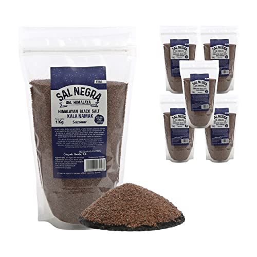 Sal Negra Fina de Himalaya - 1 Kg - 100% Natural y Pura, Rica en Minerales Esenciales, Sin Aditivos, Para Cocina y Salud (6 Ud)