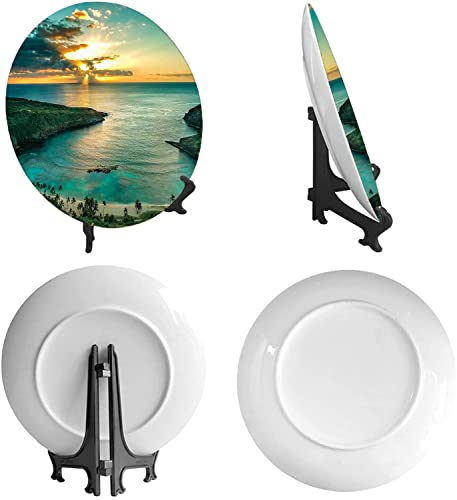 Asdwx Hawaiian Decorative Wall Plates, 10", Hawaii Sunbeams Through Dark Clouds Shoreline, Round Plate With Display Stand, Ceramic Tile Wall Decor For Home Office Decor #TOP1