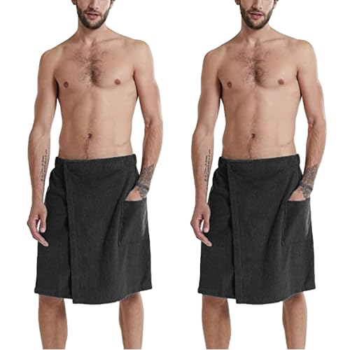 ANUFER Mens Adjustable Bath Towel Wrap - Wearable Towel Skirt with Pocket for Gym Shower Sauna Spa & Beach Cover Ups Black M