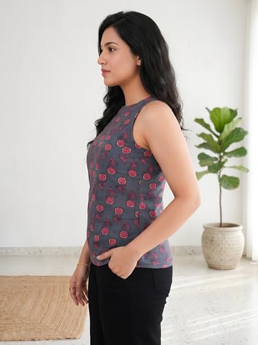 Image of Yash Gallery Women's Cotton Regular Fit Floral Printed Hot Neck Regular Top