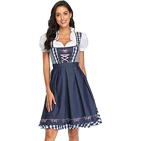 fagginakss Women's Dirndl Dress German Beer Festival Costume Bavarian Traditional Oktoberfest Halloween Party Maid Plaid Fancy Dress Outfit with Apron Dark Blue Cover