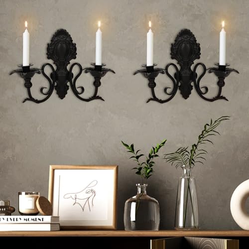 jxgzyy Candle Sconces Set of 2 Wall Candle Holder Metal Candle Sconces Vintage Wall Mount Candle Holder for Living Room, Dining Room, Farmhouse, Fireplace, Wedding (Black 1)