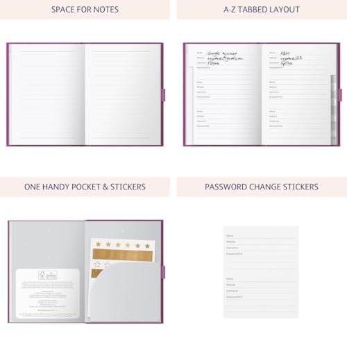 Busy B Password Book - Pink Faux Leather Cover All your Internet Passwords in One Place - Compact & Discreet Design with Tabbed A-to-Z Index, Storage Pocket, Stickers & Elastic Closure Band - Image 4