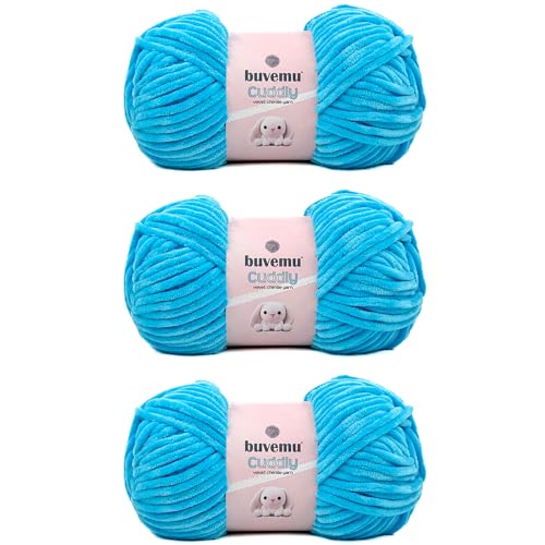 Image of Cuddly Velvet Chenille Yarn, Super Soft Fluffy Bulky for Knitting Crocheting Blanket Amigurumi, Durable for Shedding, 100 Gram (3.53 Ounces) 109 Yards (100 Meters) (Cyan Blue) (3 Skeins)