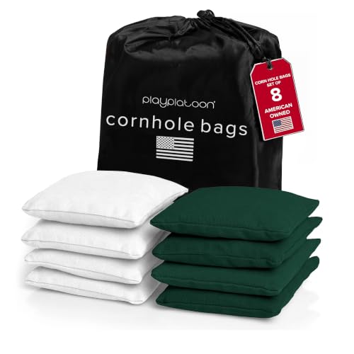 Play Platoon Cornhole Bags Set of 8, Hunter Green & White Duck Cloth