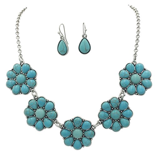 Gypsy Jewels Simulated Turquoise Silver Tone Western Southwestern Look Necklace & Dangle Earring Set (Daisy 5 Flower)